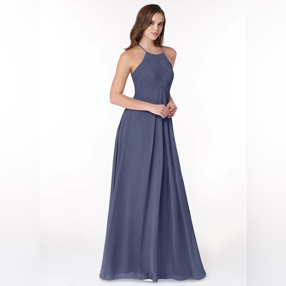 Azazie Ginger Halter Pleated Chiffon Bridesmaids Dress color stormy